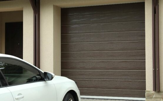 Insulated sectional garage doors in a residential home.